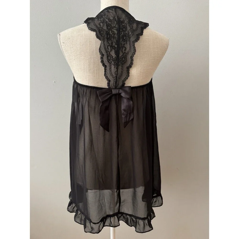 NEW Linea Donatella Sheer Black Chemise Slip Dress Lace Bow Size Small